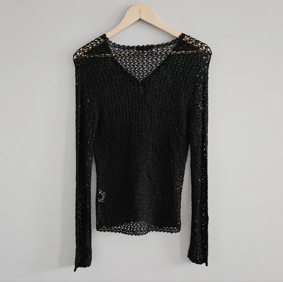 Vintage 90s Y2K Crochet Beaded Cardigan Black Women's M Boho Whimsigoth Festival - Picture 3 of 10